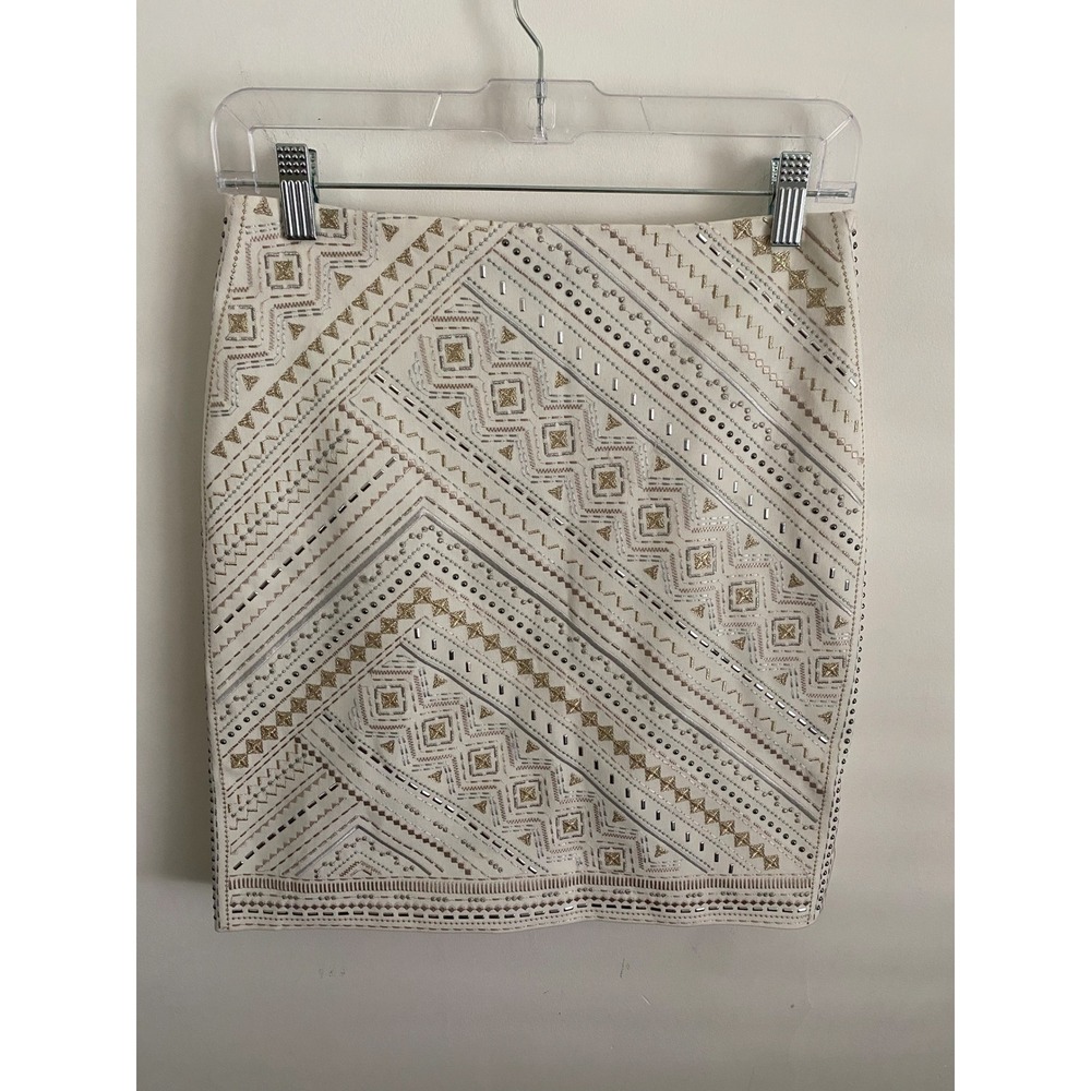White House Black Market Embellished Mini Skirt Ecru Gold Silver Studded